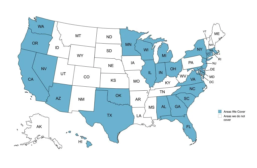 Map of the United States with the 27 states where Envision ATM offers free ATM placement shaded in blue